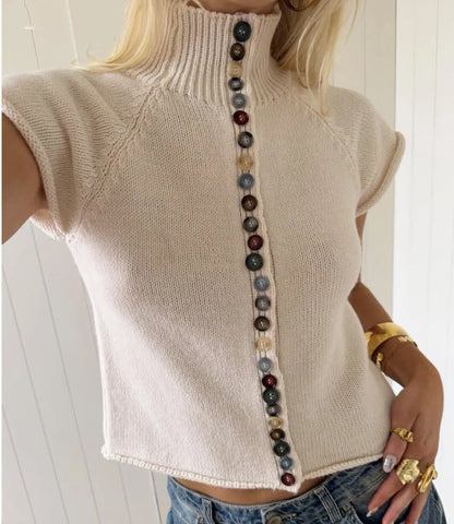 Women Turtleneck Knit Vest Colorful Button Sleeveless Sweater Top Y2K Cropped Knitwear Short Sleeve Cardigan Casual
