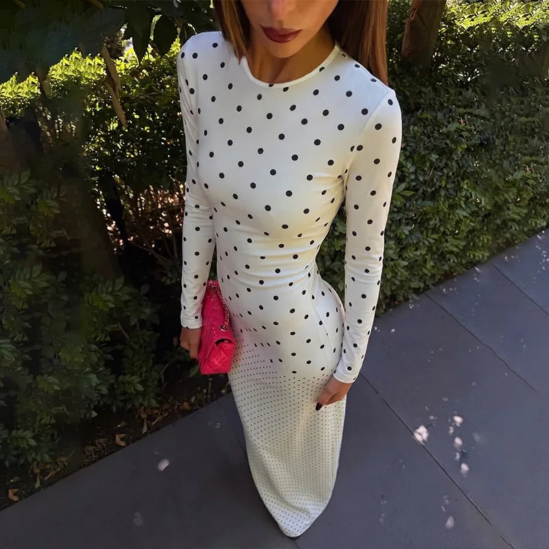 Black Long Sleeve Maxi Dress with White Polka Dot 2026 Fall Dresses for Woman Elegant Clothing