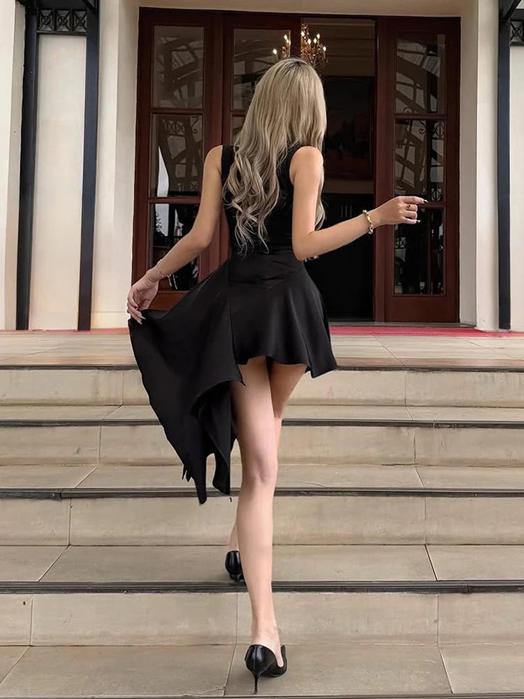 Irregular Hem Dress Women v-Neck Sleeveless Folds Skinny Solid Elegant Prom Party Summer Fashion Chic Mini Bodycon