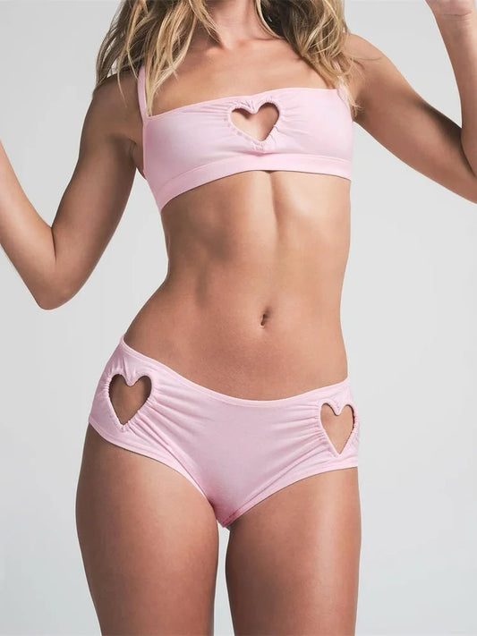 Heart Hollow 2 Piece Set Women Simple Vacation Camisole+Panties Beach Style Matching Stretch Street Comfortable Suit