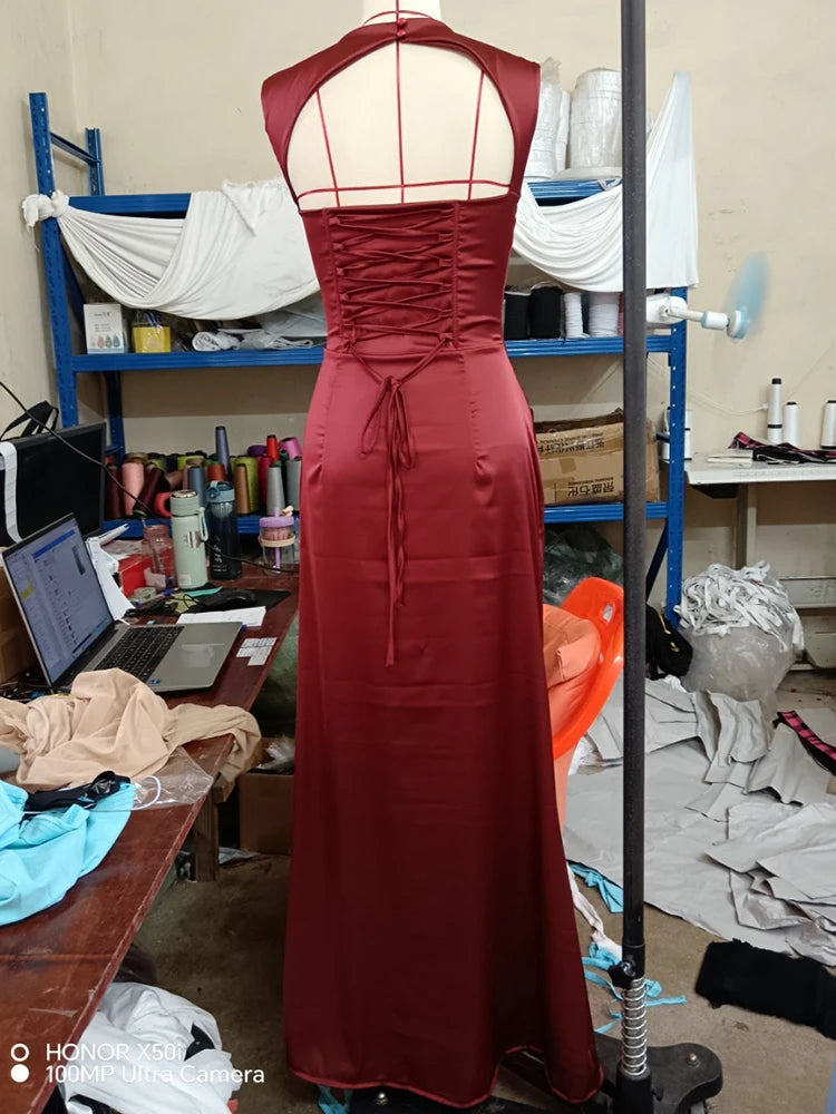Satin Cowl Neck Mermaid Maxi Dress Women Elegant Sleeveless Draped Ruched Bodycon Long Evening Party Gown Vestidos