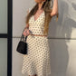 Women Polka Dot Two Piece Skirt Set Elegant V Neck Crop Top And Midi Skirt Sets Female Fashion Casual Bodycon Dress Set