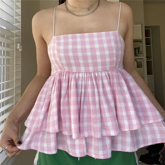 Y2K Coquette Aesthetic Pink Gingham Babydoll Top Spaghetti Strap Square Neck Double Layer Ruffle Hem Peplum Cami Blouse