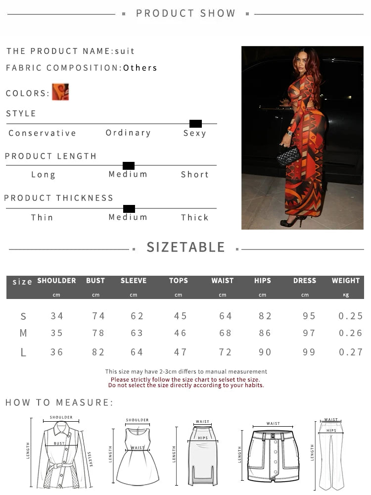 Sexy 2 Piece Set Woman Mesh Patchwork Print o-Neck Full Sleeve Crop Tops+Elastic Waist Skirts Hot Girls Fashion Suits