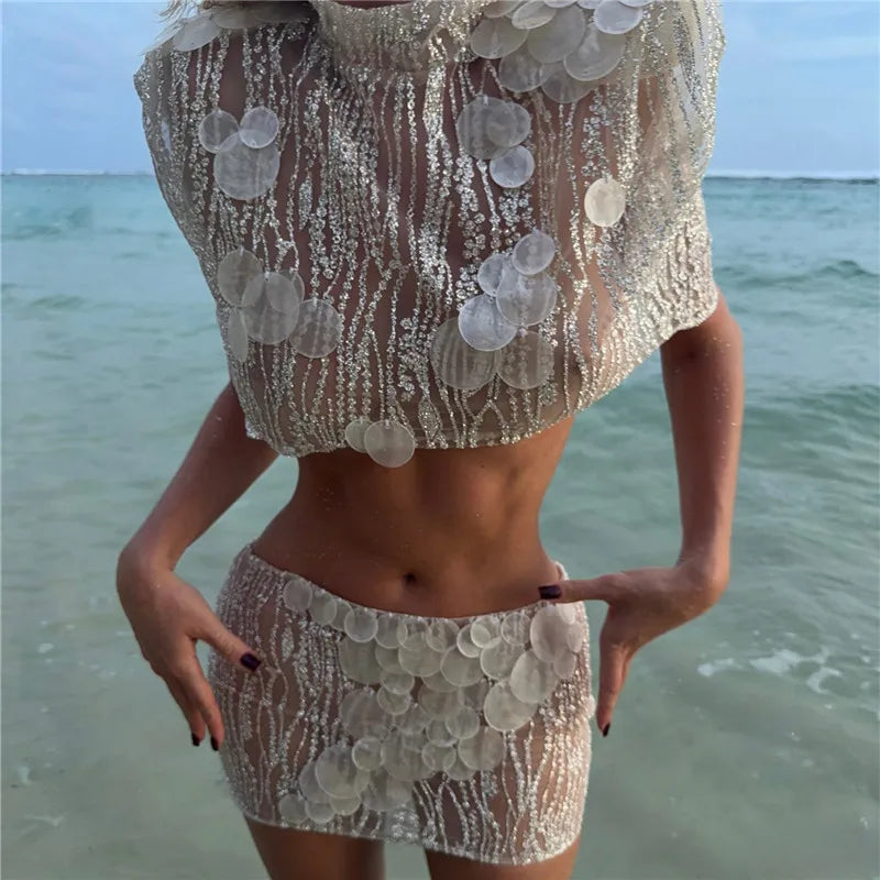 Aesthetic Shell Sequin Mesh Two Piece Set Women High Neck Crop Top Mini Skirt Sheer Sparkly Beach Bikini Cover Up Outfit
