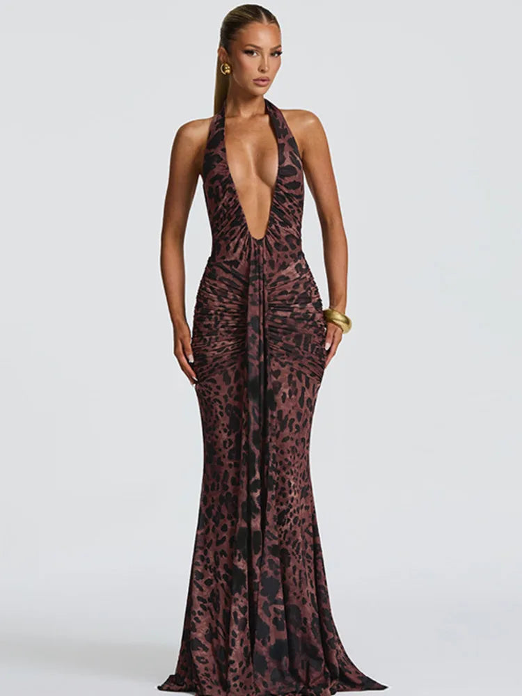 Leopard Print Backless Sexy Maxi Dress Women Gown Elegant Halter Deep V Neck Sleeveless Bodycon Draped Club Long Dress
