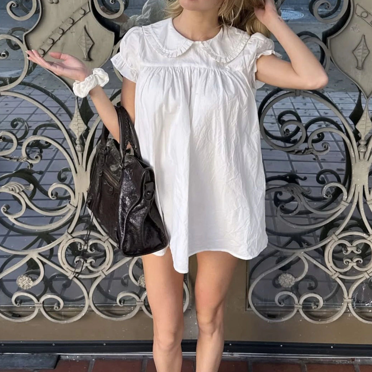 Women's Summer Doll Collar Blouse Short Sleeve A-Line Swing Shirts Solid Color Loose Ruffle Summer Casual Tops