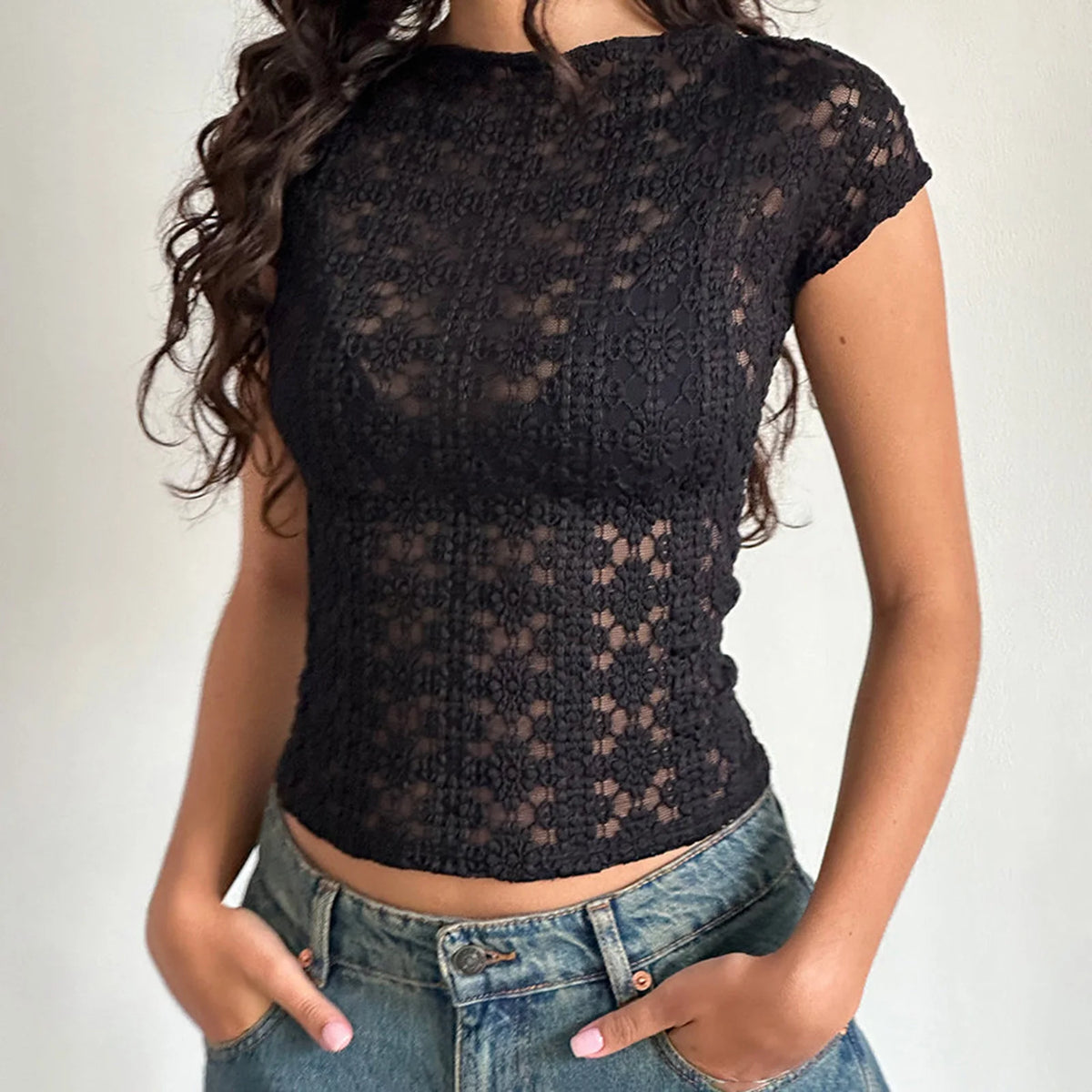 Women Y2K Vintage Floral Lace Crop Top Goth Grunge Cap Sleeve Scoop Neck See-Through Sheer Mesh Baby Tees
