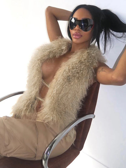 Sexy Furry Tank Tops Women Backless Sexy Midnight Cardigan Autumn Hipster Wild Basic Streetwear Halter Furs Y2K Tops