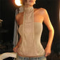 Women Rhinestone Halter Top Sleeveless Backless Tie Neck Tube Top Y2K Sparkly Mesh Patchwork Tank Top Party Clubwear
