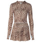 Leopard Print Long Sleeve 2 Piece Set Zip-up Hooded Crop Top and Mini Skirt Fall Outfits Womens Matching Sets