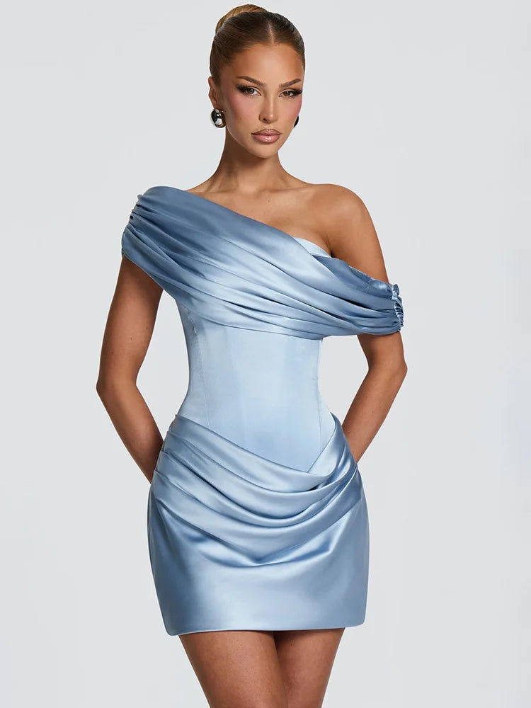 Women Satin Sexy Mini Dress Off Shoulder Draped Corset Bodycon Dress Ruched Wedding Guest Cocktail Party Evening Dress