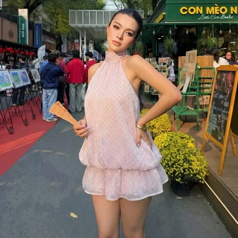 Polka Dot Pink Halter Backless Fluffy Mini Dresses for Women Princess Dress Summer 2026