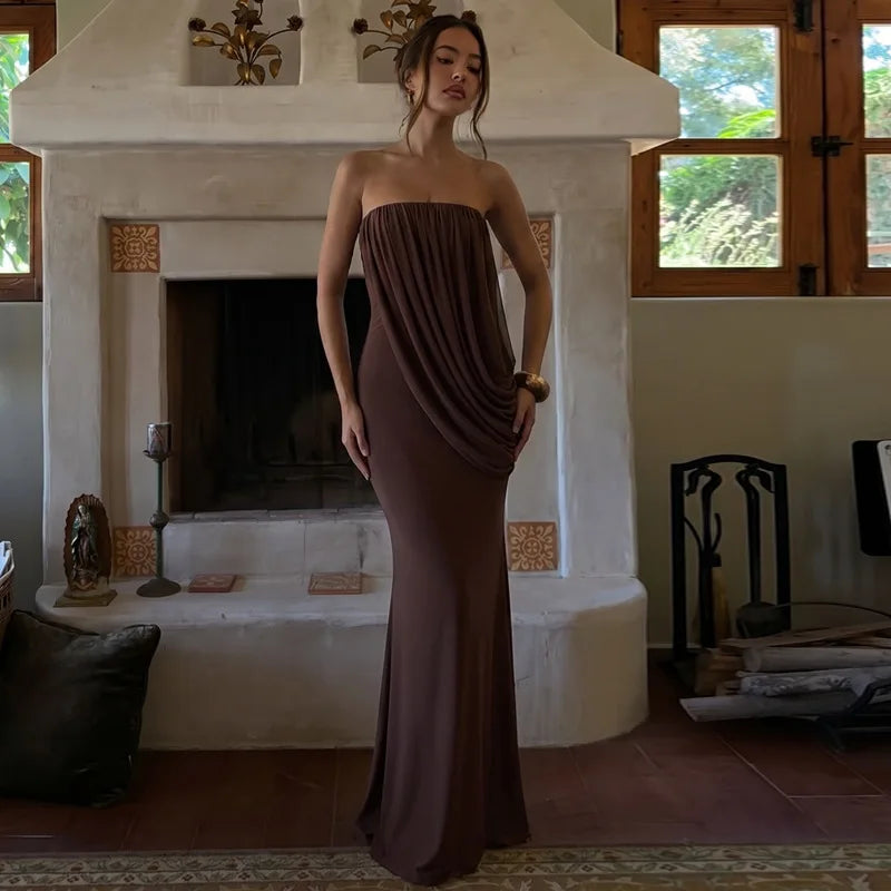 Strapless Maxi Dress with Ruched Asymmetric Draped Mesh Evening Party Dresses for Ladies Elegant