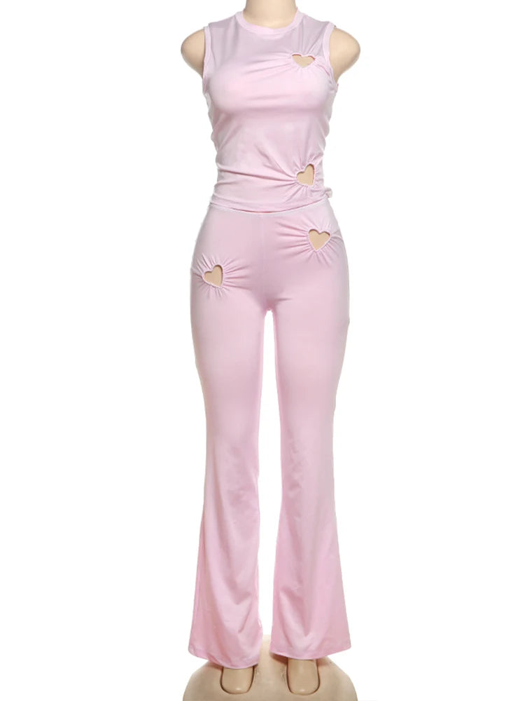 Heart Hollow 2 Piece Set Women o-Neck Sleeveless Tops+Skinny Stretch Pants Vacation Casual Simple Elegant Solid Suits