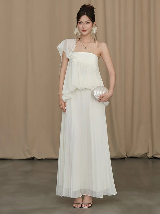 3d Flower Decoration Maxi Dress Women Mesh Tassel Chest Wrap Folds Solid Elegant Wedding Party Vacation Vestidos
