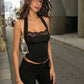 Lace Patchwork Vest Women Halter Low-Neck Skinny Sexy Midnight Hottie Classic Music Festival Elasticity Streetwear