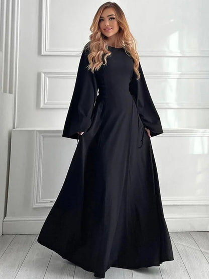 Side Lace Up Long Sleeve Maxi Dresses for Women Autumn Winter Clothes Elegant Ribbed Knitted Black Dress