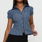 Women's Basic Button Down Shirts Cap Sleeve Lapel Collar Tight Blouse Tie Up Back Slim Fit Tops Summer Office Shir