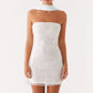 Fashion Women Summer Sequin Mini Bandeau Dress Sleeveless Off Shoulder Flower Embroidery Tube Top Dress with Scarf