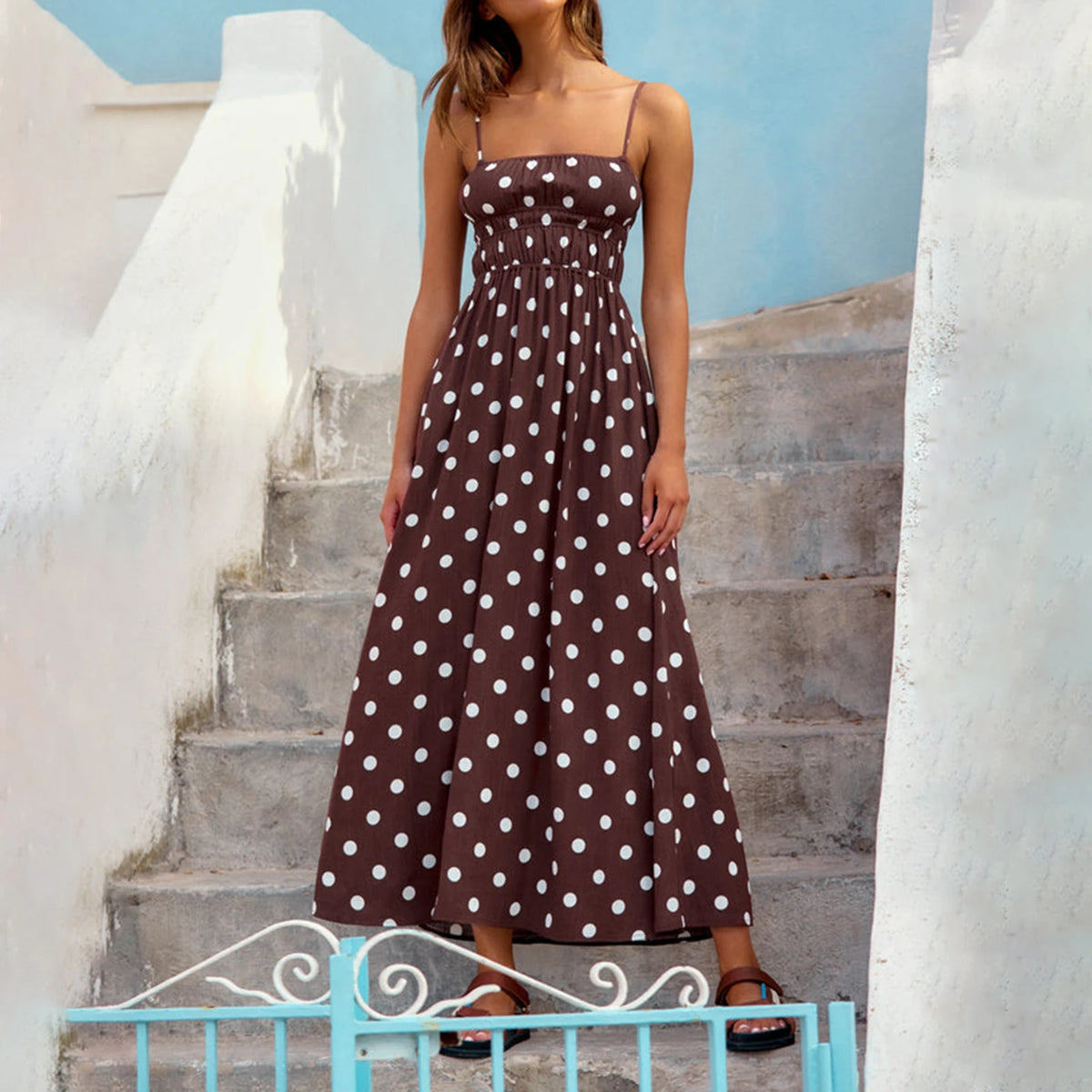 Women Striped Boho Maxi Slip Dress Sleeveless Color Block Flowy Beach Dress Square Neck Ruffle Long Sundress