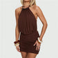 Women Brown Halter Mini Dress Beaded Neckline Open Back Ruched Bodycon Dress Sleeveless Tie Back Party Club Outfit