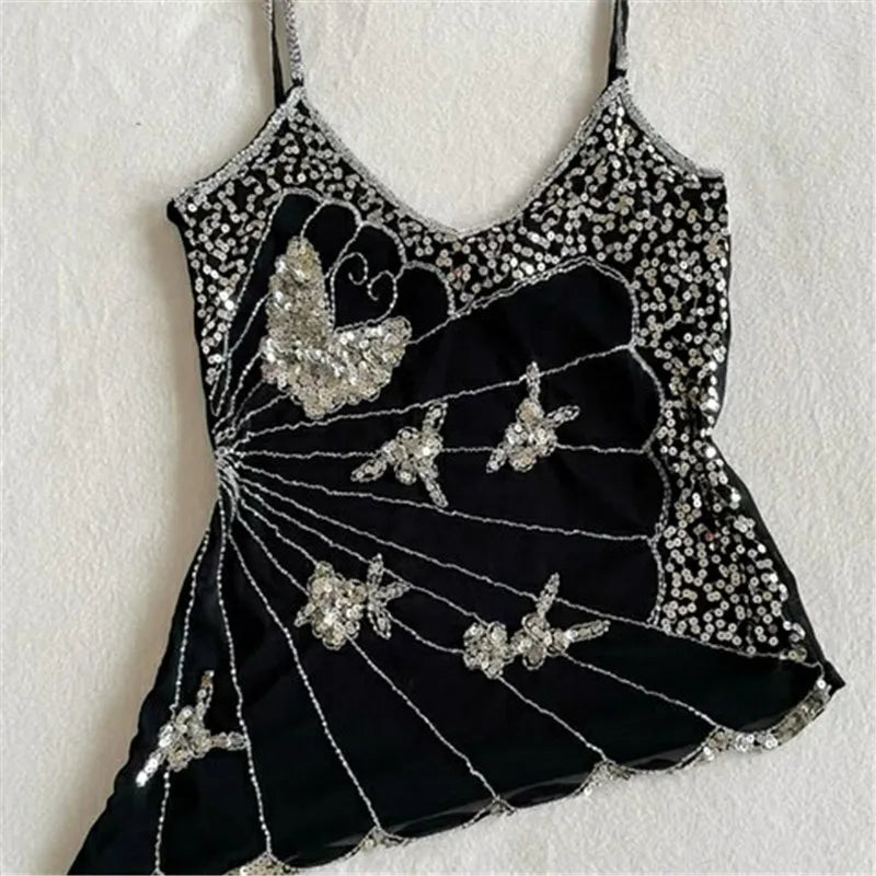 Sexy Sequin Slim Fit Irregular Strap Tank Crop Tops Versatile Sexy Hot Girl Summer Mesh See Through Sleeveless Tee Shirt