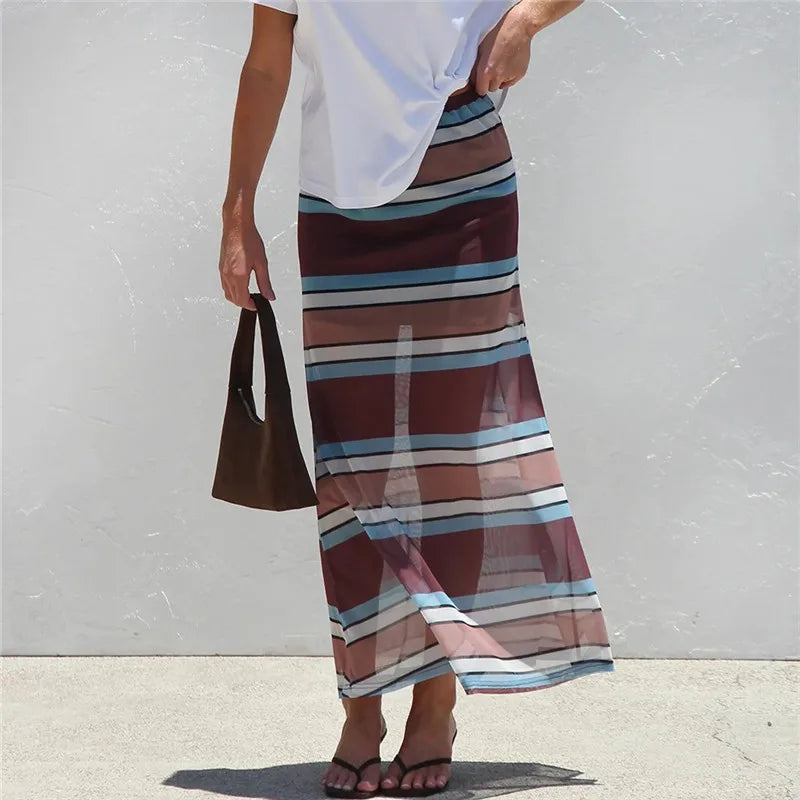 Y2K Casual Womens Striped See Through Mesh Long Skirt Elastic Waist Flared Hem Sheer Maxi Skirt Street Vacation Outfit
