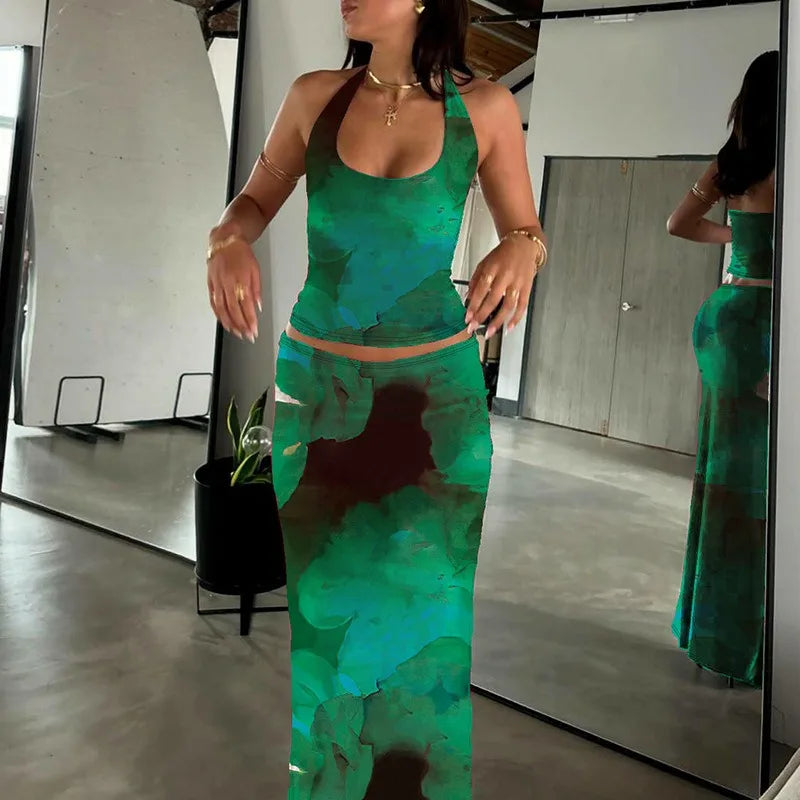 Flower Print Backless Halter Top and Maxi Skirt 2 Piece Set Elegant Sexy Summer Vacation Outfits Women