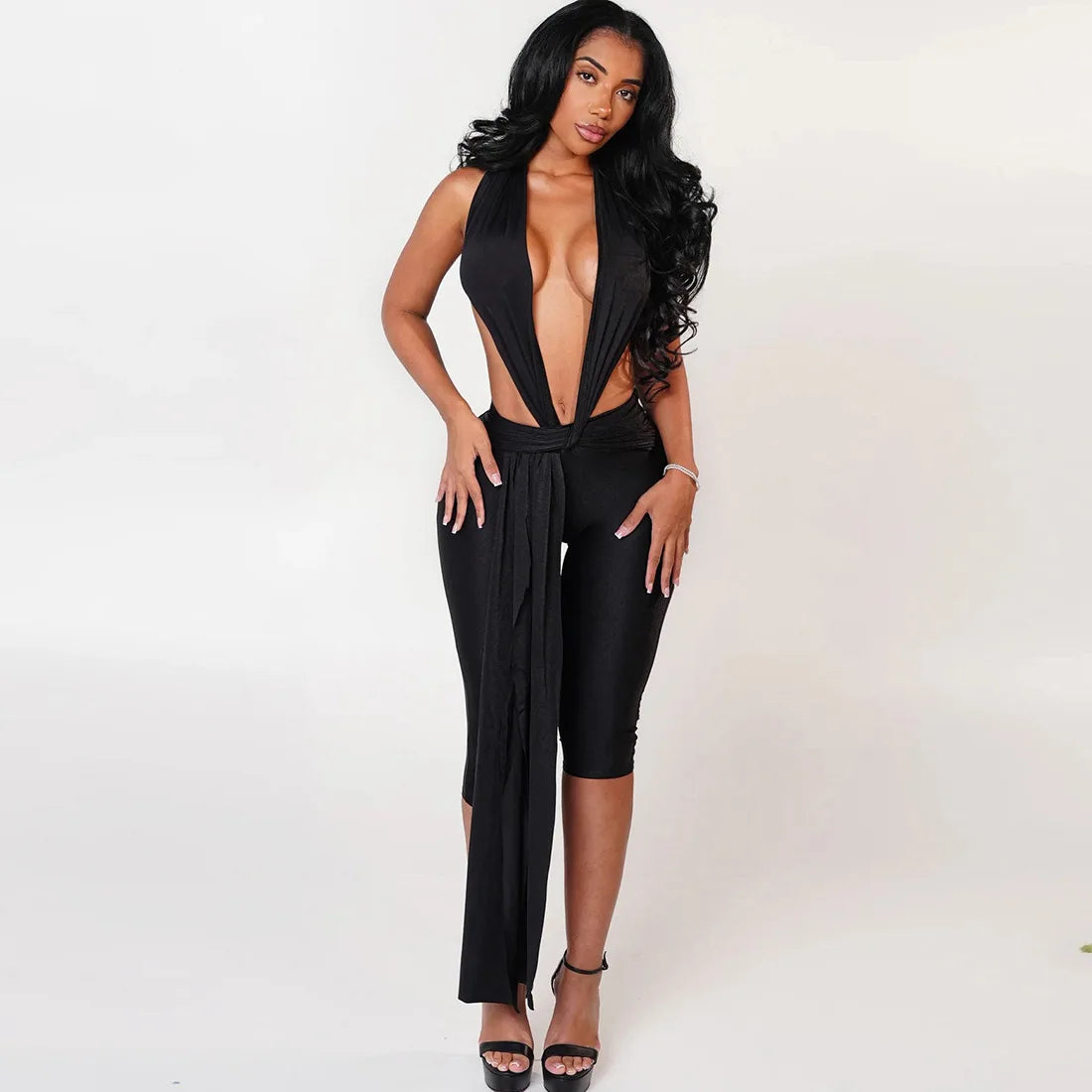 Sexy Women Bodycon Jumpsuit Solid Color Sleeveless Deep V Halter Neck Backless Bodysuit Midnight Activity Slim Playsuits