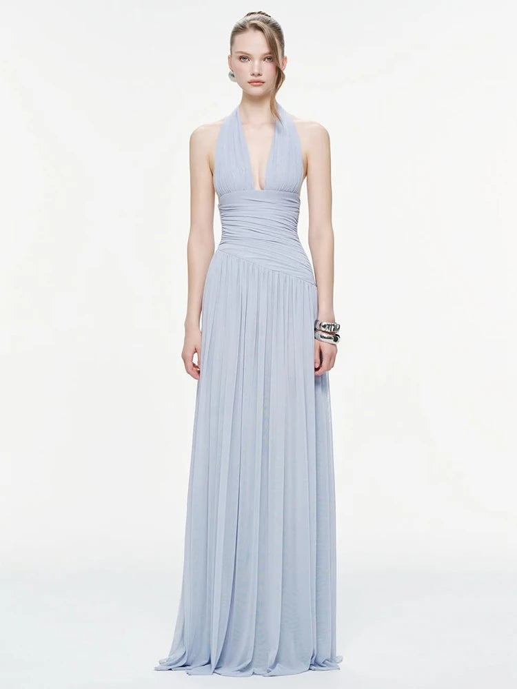 Backless Fashion Draped Maxi Dress Women Halter Bandage Tassel v-Neck Sleeveless Birthday Party Elegant Chic Vestidos