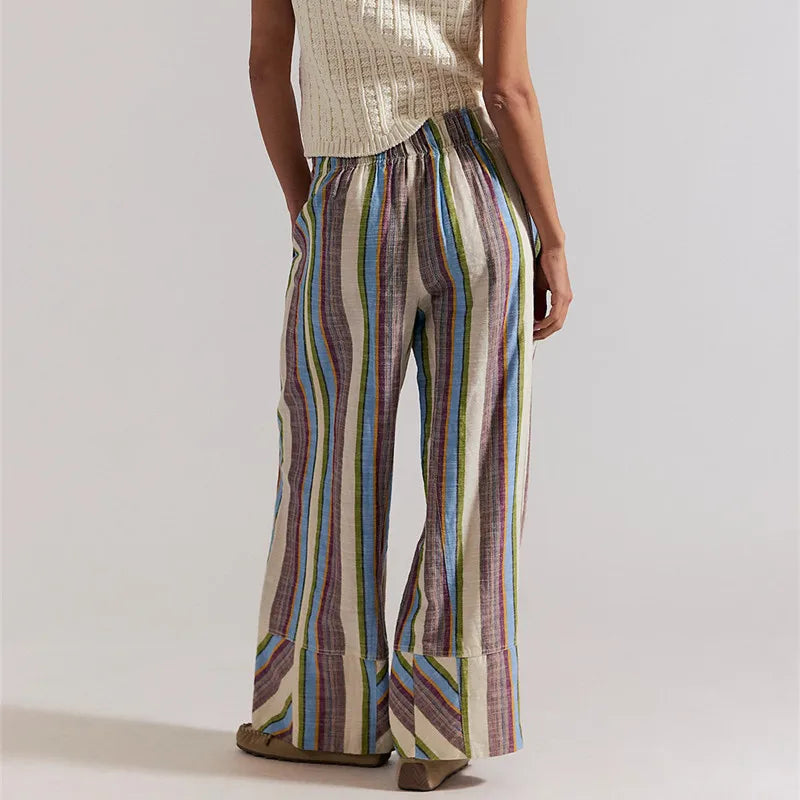 Bohemian Striped Wide Leg Pants Women Elastic Waist Casual Loose Fit Trousers Colorful Striped Beach Pants For Summer