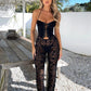 Coquette Women Jumpsuit Sheer Flowers Backless Voluptuous Seduction Drawstring Halter Straight Nightclub Overalls