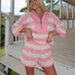 Women's Casual Striped Half Zip Two Piece Outfit Oversized Short Sleeve Top and Elastic Shorts Comfy Loungewear Set