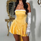 Women Mini Bandeau Dress Off Shoulder Strapless Ruffle Trim Back Bandage Ball Party Night Gown Sexy Ladies Clubwear