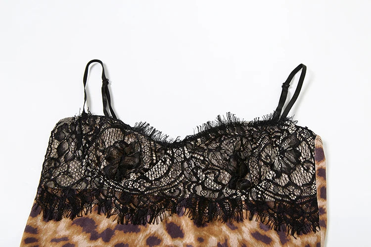 Lace Leopard Print Wild Style Dress Women Patchwork Sling Low-Neck Sleeveless Hot Girls Street Sexy Fashion Mini Bodycon