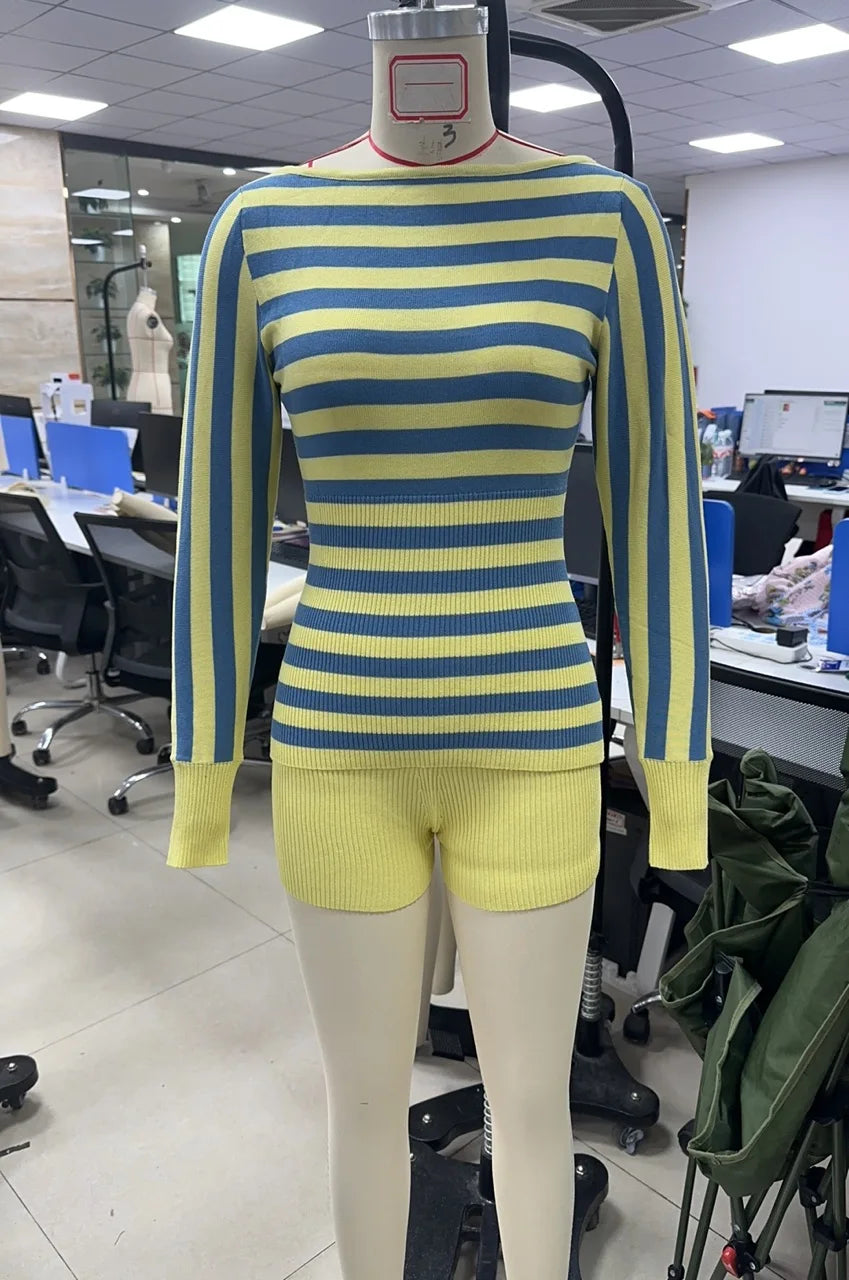 Women Two Piece Striped Shorts Set Y2K Vintage Sweater Pullover Autumn Crew Neck Slim-fit Long Sleeve Tops and Shorts