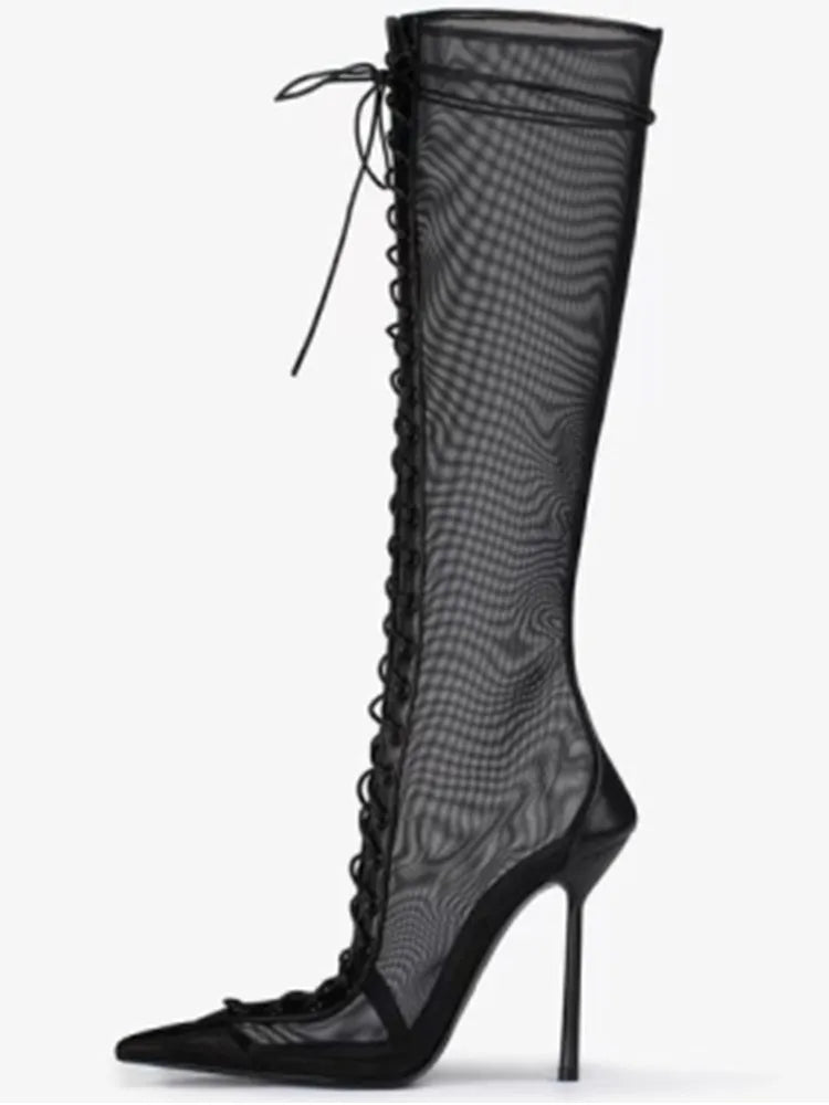 2026Spring/Summer New Lace Up Short Cool Boots Side Zipper Banquet Slimming High Heels Sexy Knee Length Women's Boots