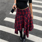 Y2K Preppy College Tartan Midi Skirt Women Fold Over Waist Irregular Asymmetric Hem Plaid A Line Flare Skirt Streetwear