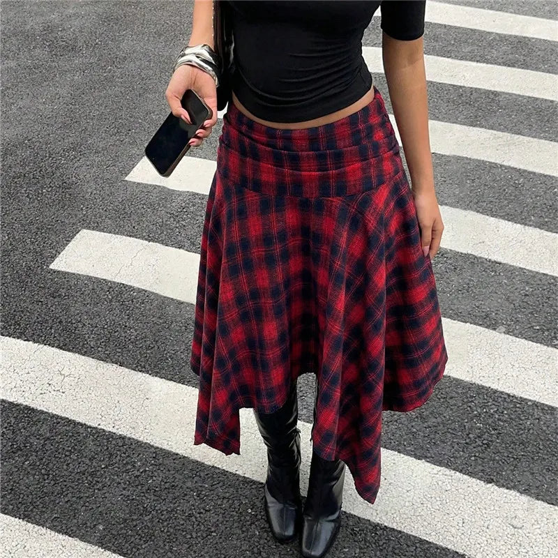 Y2K Preppy College Tartan Midi Skirt Women Fold Over Waist Irregular Asymmetric Hem Plaid A Line Flare Skirt Streetwear