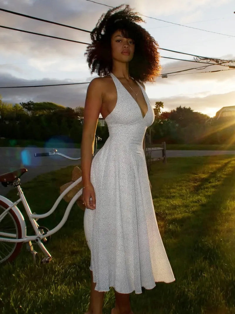 Polka Dot White Elegant Dresses French Style Deep V Neck Backless Long Dresses for Woman Clothing