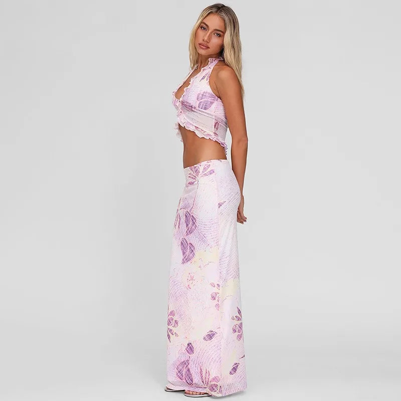Purple Floral Sexy Two Piece Set Mesh Halter Top Long Skirts Summer Co Ord Set Woman Beach Vacation Outfits