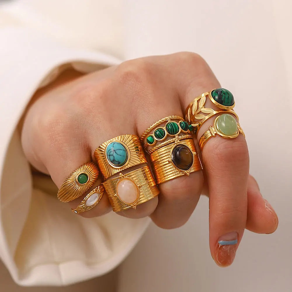 New Design Natural Stone Stainless Steel Ring Women Waterproof Stylish Golden Jewelry 2022 NEW Set