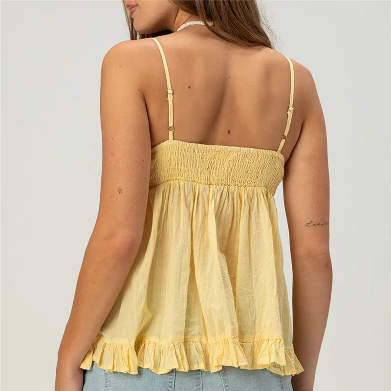 Sexy Sweet Babydoll Cami Top V Neck Lace Trim Spaghetti Strap Ruffle Hem Flowy Blouse Date Night Elegant Summer Outfits