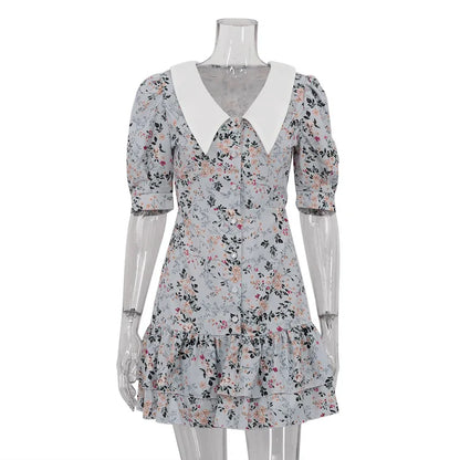 Short Sleeve Floral Mini Dress For Women Robe Turn-down Collar Elegant French Dress Ladies Fashion High Waist Dresses