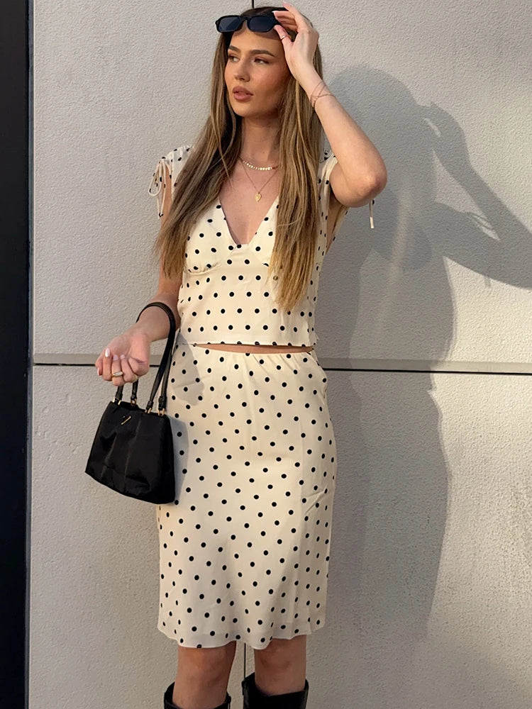 Women Polka Dot Two Piece Skirt Set Elegant V Neck Crop Top And Midi Skirt Sets Female Fashion Casual Bodycon Dress Set