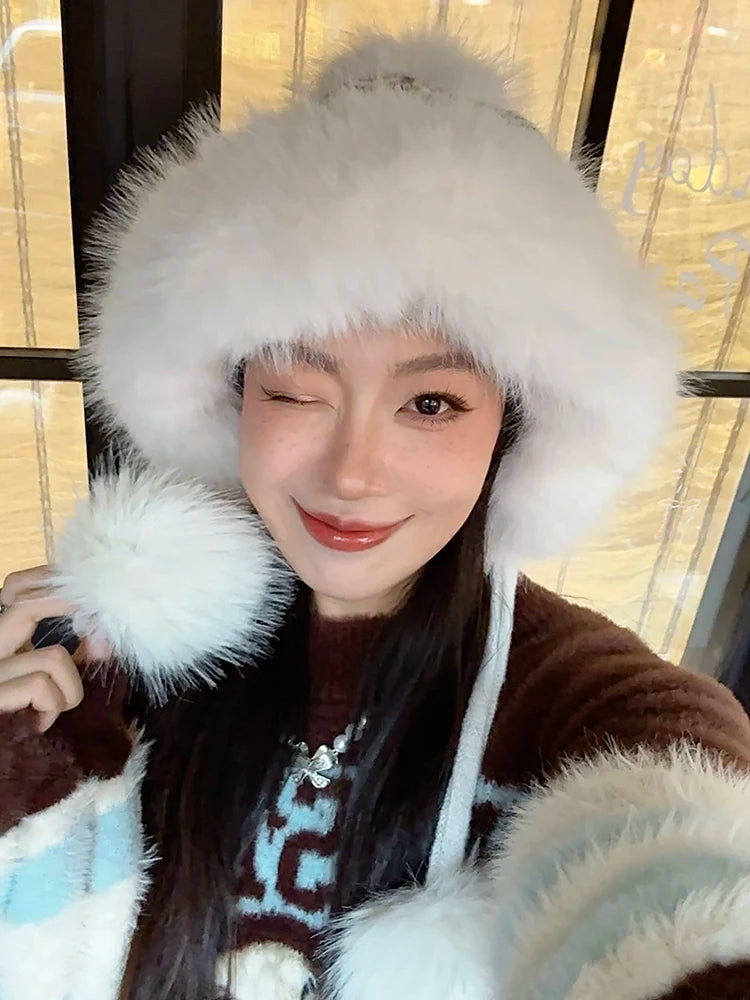 Cute Fair Isle Plush Lining Strap Pom Pom Knit Beanie For Women