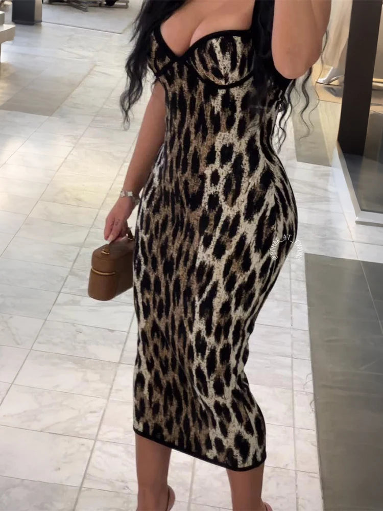 Leopard Print Maxi Dress Women Low-Neck Cross Halter Patchwork Sexy Midnight Hottie Classic Street Prom Party Vestidos