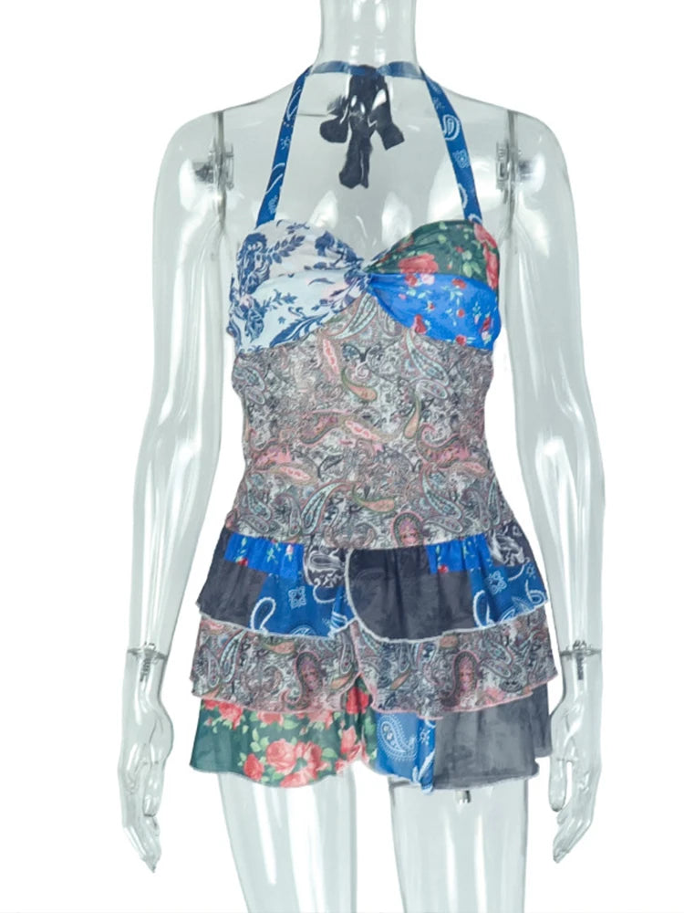 Colorful Print Dress Women Halter Backless Sleeveless Ruched Ruffles Tierred Vacation Beach Party Trend Mini Bodycon