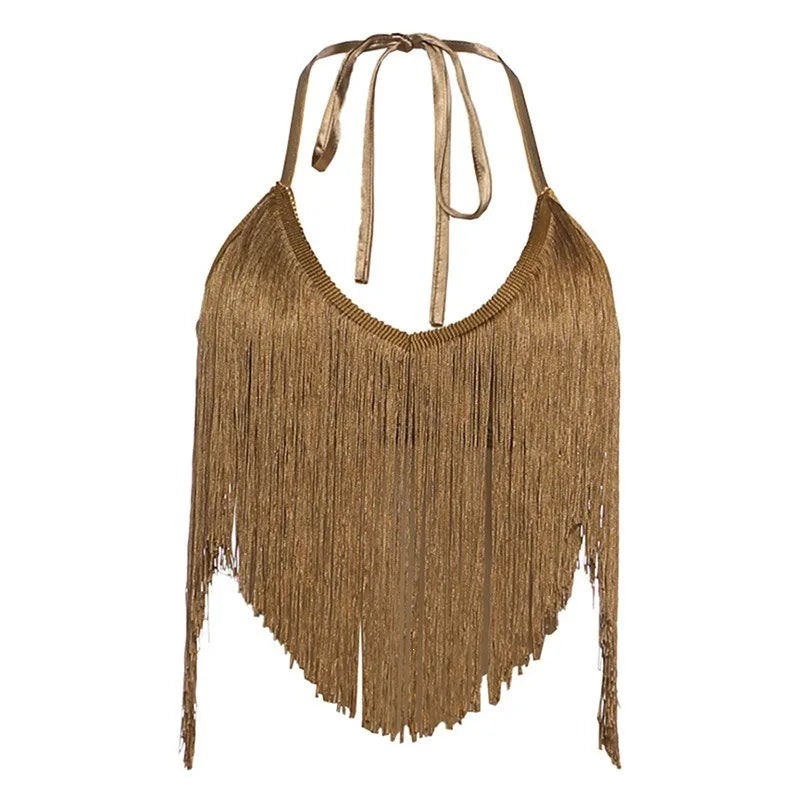 Lace Up Backless Fringe Halter Top Club Wear Women Sexy Tops Rave Festival Clothing